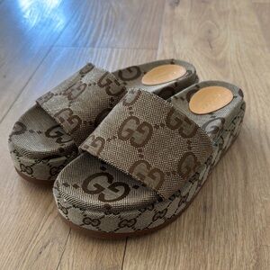 Fashion Inspired Beige and Brown Monogram Platform Sandals